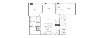 A floor plan of a house with two bedrooms, a living room, a dining room, a kitchen, a bathroom, a built-in desk, a walk-in closet, and an entry.