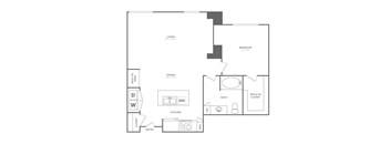 A floor plan of a living space with a kitchen, bathroom, and bedroom.