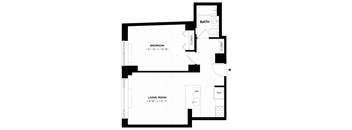 A black and white image of a floor plan for a bedroom and living room.