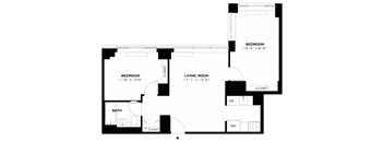 A black and white image of a floor plan for a home with two bedrooms, a living room, a bathroom, and a laundry closet.