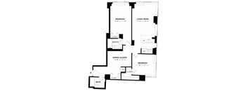 A black and white image of a floor plan for a house with a living room, dining alcove, and two bedrooms.