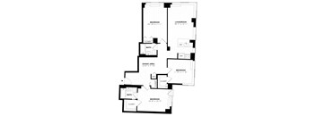 A black and white image of a floor plan for a house with two bedrooms, a living room, a dining area, a bathroom, and a closet.