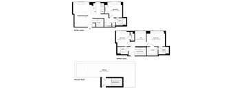 A floor plan of a house with an entry level, upper level, and private roof.