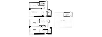 A black and white floor plan of a house with three bedrooms, a living room, a bathroom, a terrace, and a private roof.