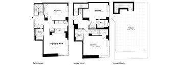A set of three black and white floor plans for a house.
