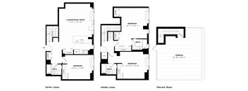 A black and white image of a floor plan for a house with three bedrooms, two bathrooms, and a living room.