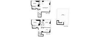 A floor plan of a house with three bedrooms, a bathroom, a living/dining room, and a terrace.