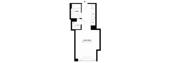 A drawing of a living room with a bathroom and a closet.