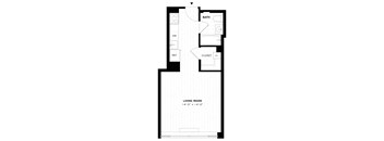A floor plan of a living room with a bath and closet.