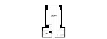 A black and white drawing of a living room with a bathroom.