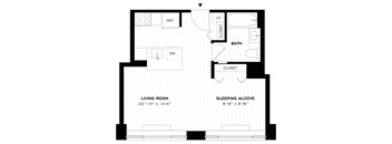 A floor plan of a small apartment with a living room, sleeping alcove, bathroom, and closet.