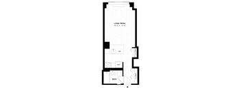 A floor plan of a living room with a bathroom and a laundry closet.