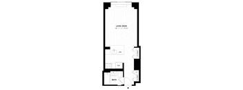 A floor plan of a small apartment with a living room, bathroom, and kitchen.