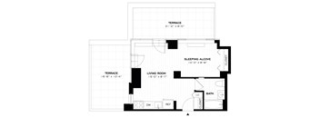 A floor plan of a house with a living room, sleeping alcove, and bathroom.