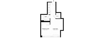 A floor plan of a small apartment with a sleeping alcove and a living room.