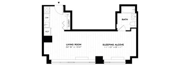 A floor plan of a small apartment with a living room, sleeping alcove, and bathroom.