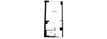A drawing of a living room with a bath and a closet.