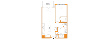 A floor plan of a house with a balcony, bedroom, living/dining area, and bathroom.