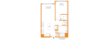 A floor plan of a bedroom and living/dining area with dimensions and a note to select units of bathroom fixtures.