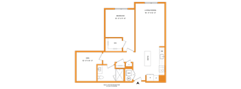 A floor plan of a house with a living/dining area, bedroom, den, and bathroom.