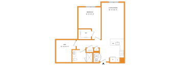 A floor plan of a house with a living/dining area, bedroom, den, and a kitchen with a dishwasher and refrigerator.