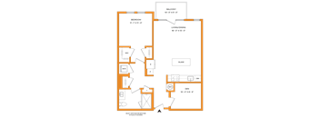 A floor plan of a house with a balcony, bedroom, living/dining area, and den.