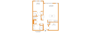 A floor plan of a house with a bedroom, living/dining area, kitchen, and den.