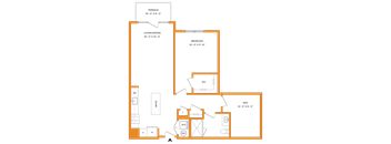 A floor plan of a house with a living room, bedroom, terrace, and other rooms.
