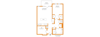 A floor plan of a house with a den, bedroom, and living/dining area.