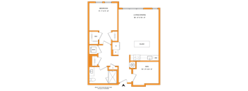 A floor plan of a house with a living room, dining room, two bedrooms, a den, a kitchen, a bathroom, and an island.
