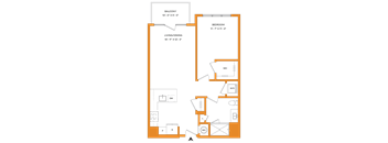 A floor plan of a house with a balcony, bedroom, living/dining area, and other rooms.