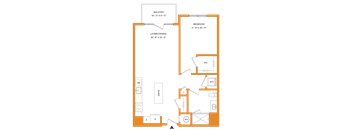 A floor plan of a house with a balcony, bedroom, living/dining area, and bathroom.