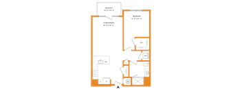 A floor plan of a house with a balcony, bedroom, living/dining area, and a kitchen.
