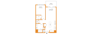 A floor plan of a house with a bedroom, living/dining area, kitchen, and bathroom.