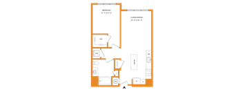 A floor plan of a room with a bedroom, living/dining area, and a WC.