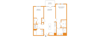 A floor plan of a house with a balcony, two bedrooms, a living/dining area, and a primary bedroom.