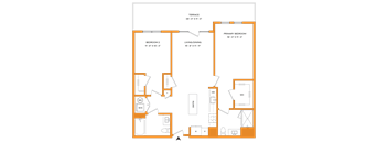 A floor plan of a house with a primary bedroom, a living/dining area, and two other bedrooms.