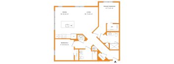 A floor plan of a house with a dining area, two bedrooms, a living area, and a primary bedroom.