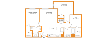 A floor plan of a house with three bedrooms, a living/dining area, a den, a sliding door, and a workspace.