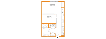A floor plan of a living/dining area with a sleeping area and a bathroom.