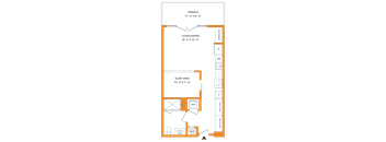 A floor plan of a small apartment with a sleeping area, living/dining area, and terrace.