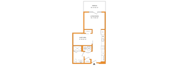 A floor plan of a house with a terrace, living/dining area, and sleep area.