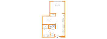 A floor plan of a living/dining area that is 13'-1" X 10'-8" with a sleeping area that is 11'-9" X 9'-0" and a bathroom.