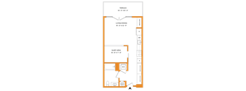 A floor plan of a small apartment with a living/dining area, sleep area, and bathroom.