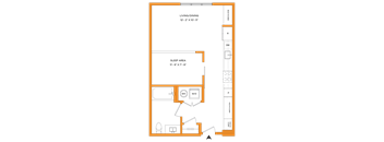 A floor plan of a small apartment with a sleeping area and a living/dining area.