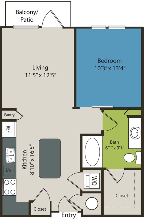 A floor plan of a small apartment with a living room, kitchen, bathroom, bedroom, and closet.