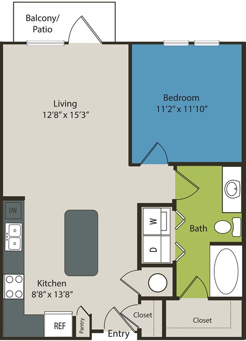 A floor plan of a small apartment with a living room, kitchen, bathroom, and bedroom.