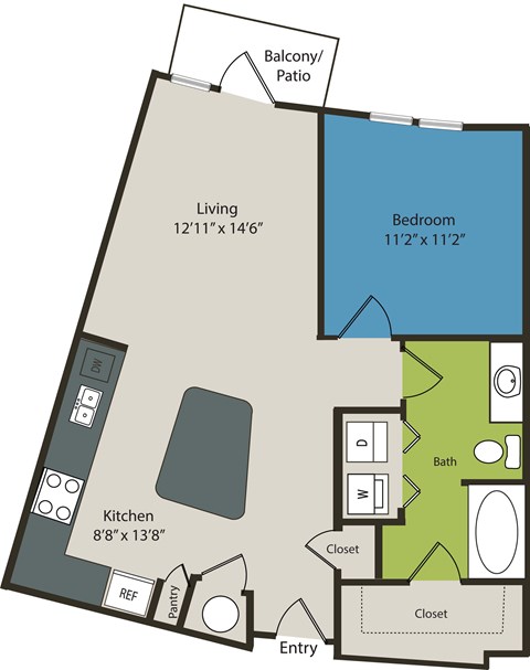 A floor plan of a home showing a living room, kitchen, bathroom, bedroom, and closet.