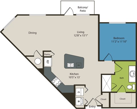 A floor plan of a home showing a living room, dining room, kitchen, pantry, two closets, a bathroom, and a balcony.