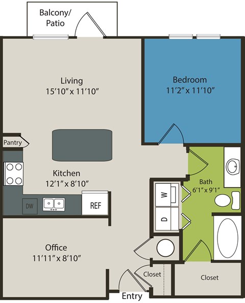 A floor plan of a small apartment with a living room, kitchen, office, and bathroom.